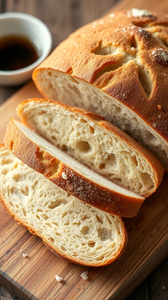 Homemade Sourdough Bread Recipe A golden-brown loaf of sourdough bread sliced to show its airy texture, on a wooden board with olive oil and balsamic vinegar.
